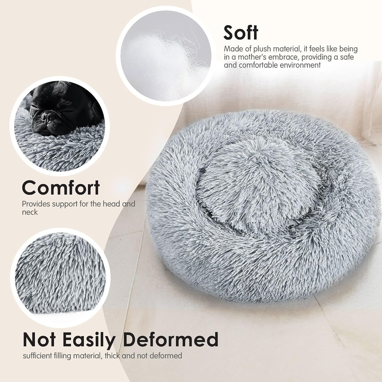 Petvani CozyCloud Donut Pet Bed, Soft Plush Calming Bed for Small Dogs, Puppies, Cats and Kittens, Washable Round Pet Bed