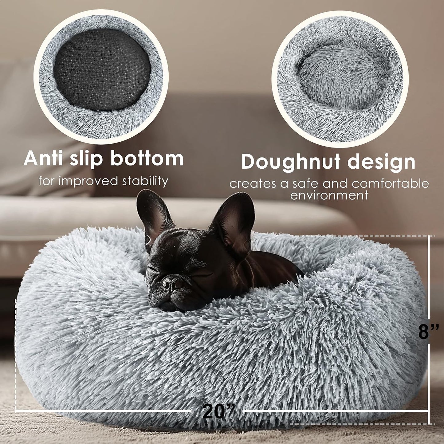 Petvani CozyCloud Donut Pet Bed, Soft Plush Calming Bed for Small Dogs, Puppies, Cats and Kittens, Washable Round Pet Bed